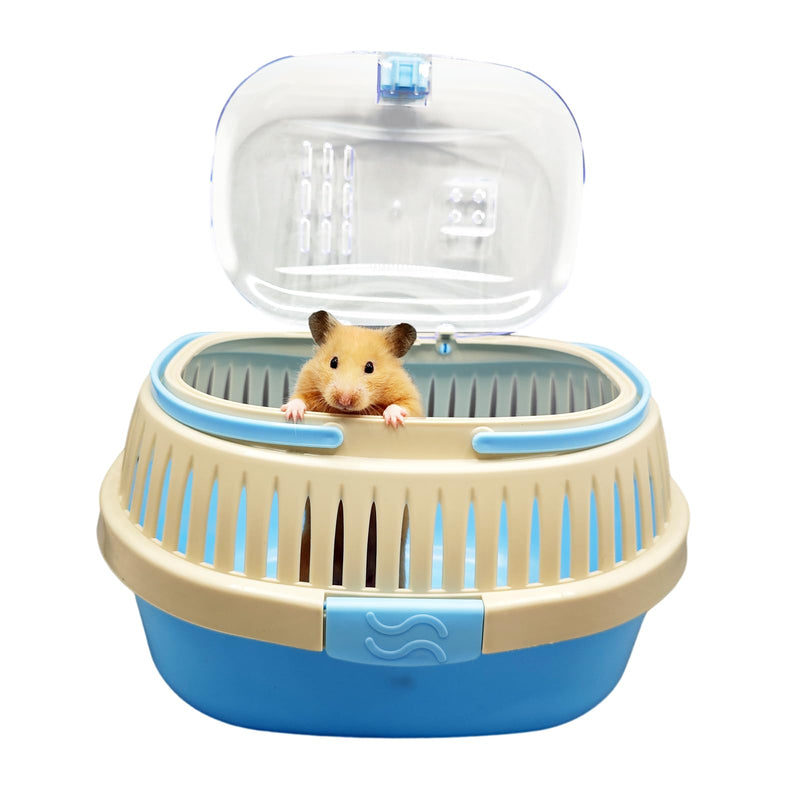 Golden hamster peeking out of blue and cream portable travel carrier with clear ventilated lid