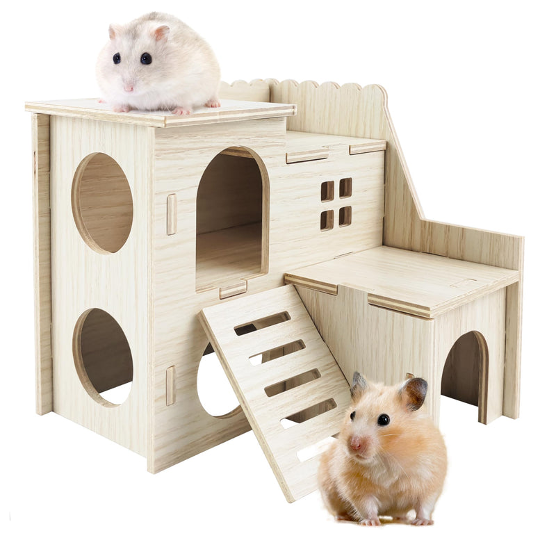 Two hamsters playing on wooden multi-level house with circular windows, ladder, and slide