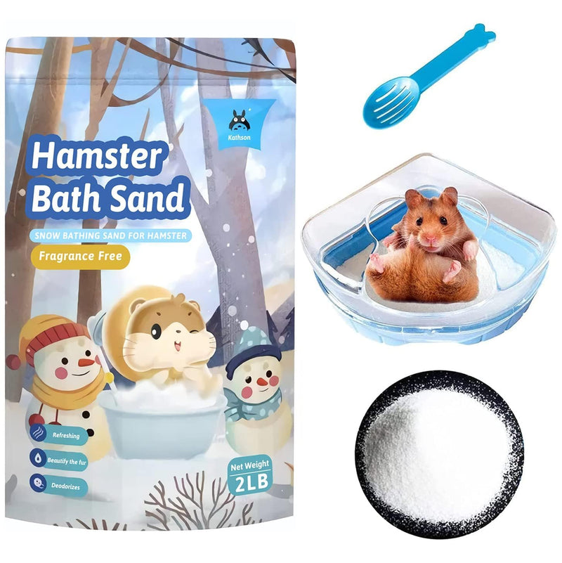 Hamster bath sand kit components including clear bath container, blue scoop and white sand
