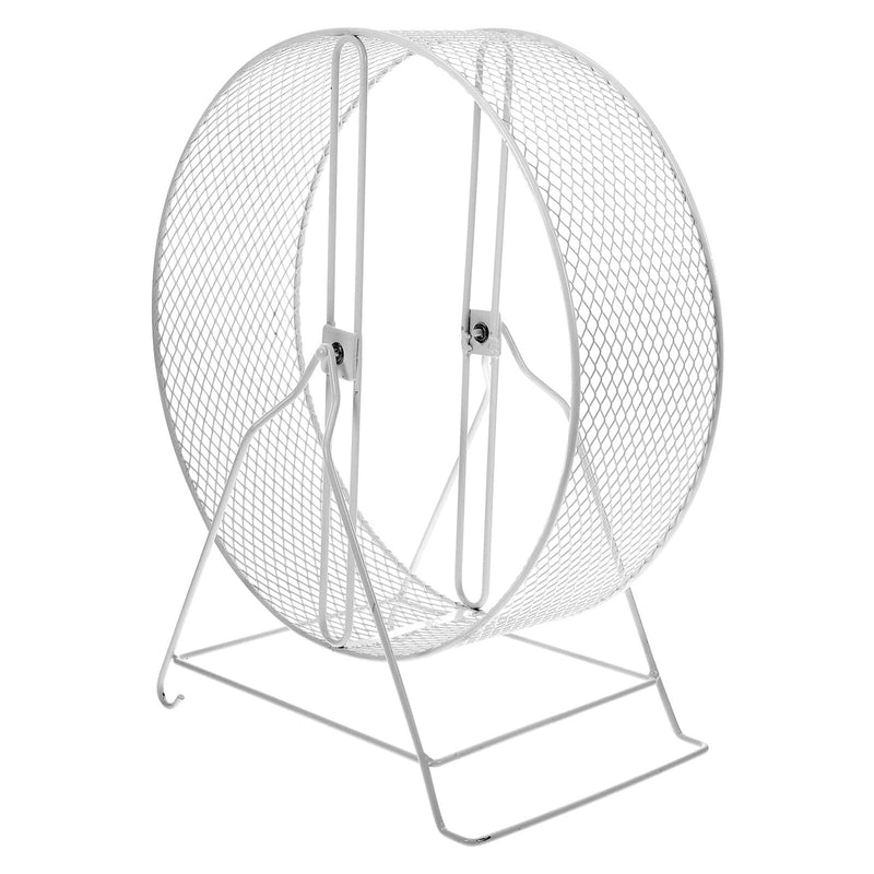 White wire mesh hamster exercise wheel with safety door open showing interior running surface