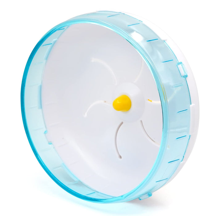 Transparent blue hamster exercise wheel with white running surface and yellow ball inside