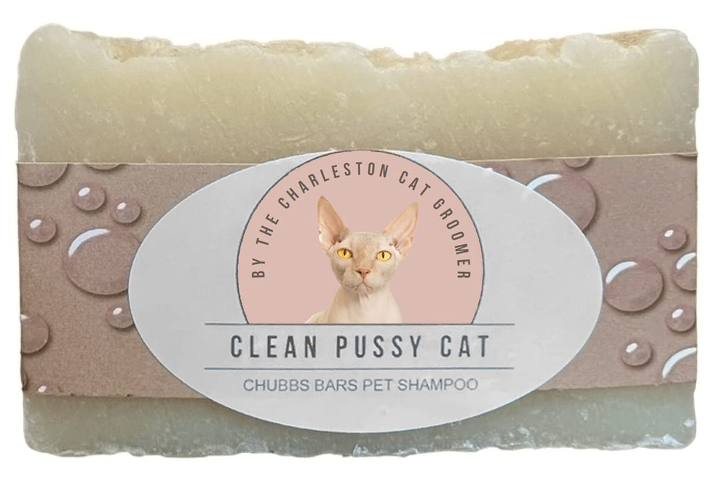 Natural handmade pet shampoo bar with Clean Pussy Cat label featuring hairless cat illustration