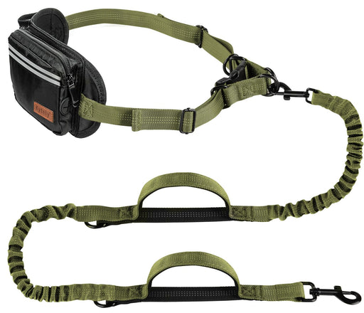 Olive green hands-free bungee dog leash with black waist belt pouch and dual handles