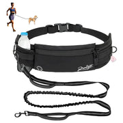 Black hands-free dog running belt with bungee leash water bottle pocket and dog in background