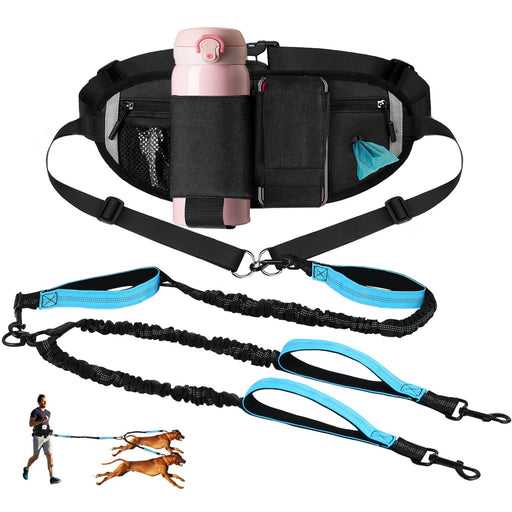 Black hands-free dog waist belt with dual blue bungee leashes, water bottle, phone, and storage