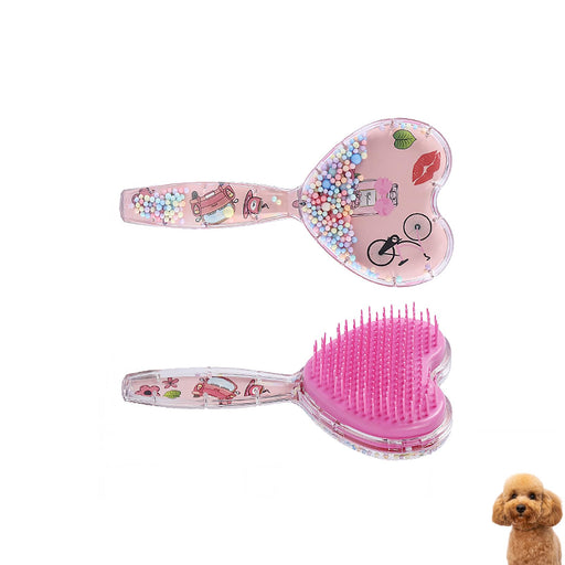 Pink heart-shaped pet brush with colorful beads and pink bristles, shown open and closed