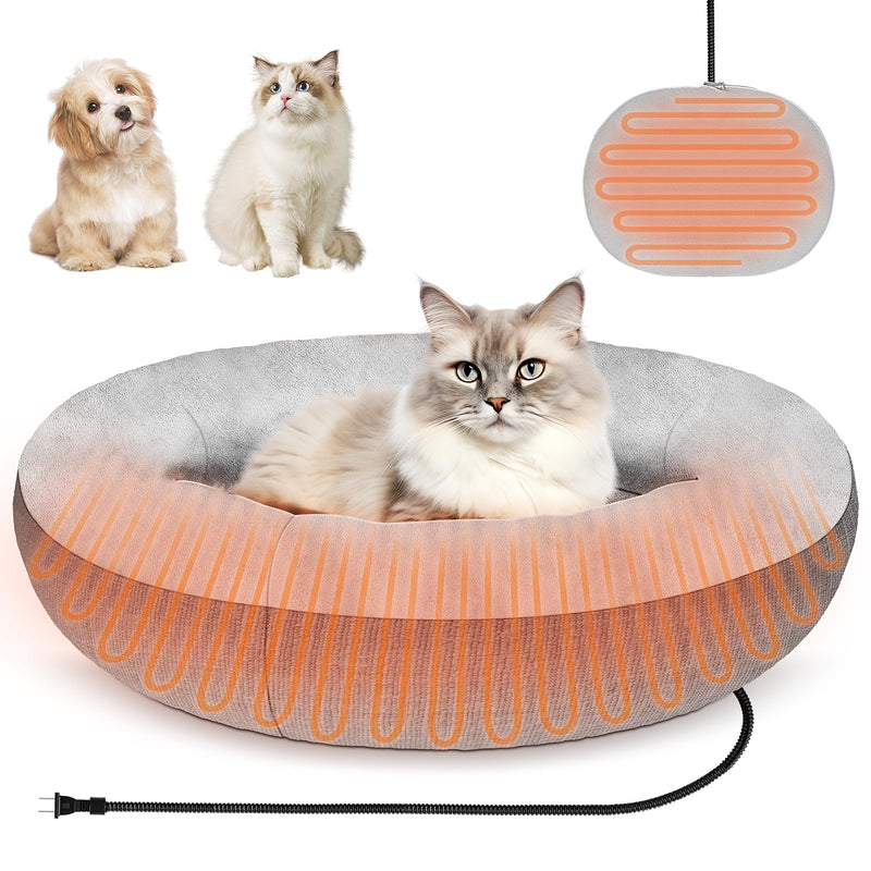 Gray heated pet bed with orange heating coils and fluffy cat inside, with remote control shown