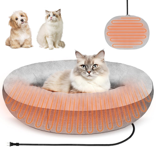 Gray heated pet bed with orange heating coils and fluffy cat inside, with remote control shown