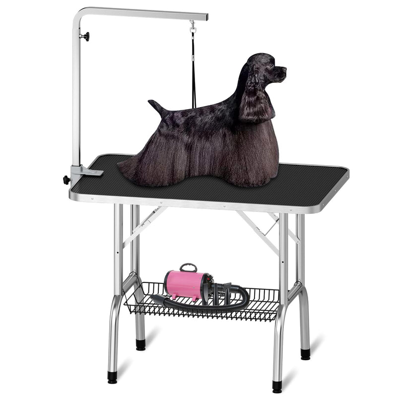Professional dog grooming table with adjustable arm, non-slip surface, and storage basket below