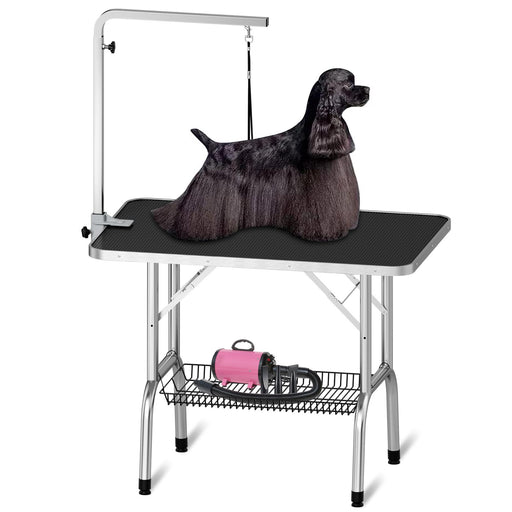 Professional dog grooming table with adjustable arm, non-slip surface, and storage basket below