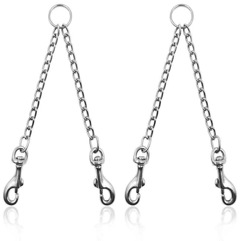 Two silver metal chain leashes with snap hooks and key rings on white background