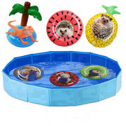 Blue foldable pet pool with hedgehogs in tropical-themed floats including pineapple and watermelon