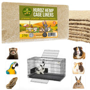 Hemp cage liner package with cartoon animals and wire cage showing rabbit inside surrounded by