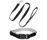 Black hemp dog collar with mesh padding and matching leash with metal clasp on white background