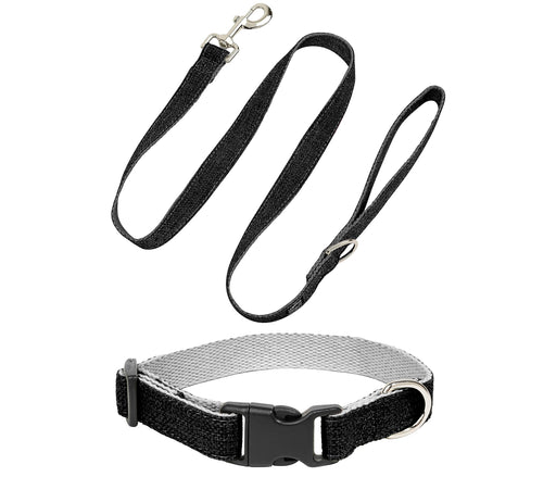 Black hemp dog collar with mesh padding and matching leash with metal clasp on white background