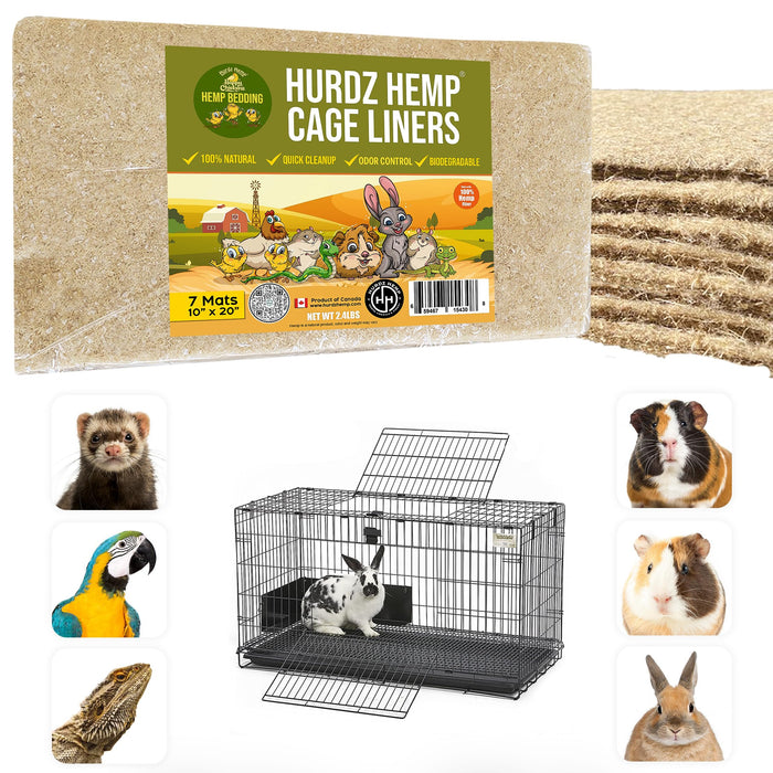 Hemp cage liners package with various small animals around wire rabbit cage showing product usage