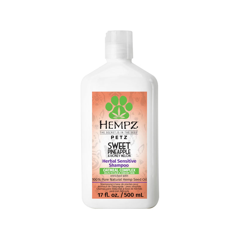 White bottle of Hempz Sweet Pineapple & Honey Melon Herbal Sensitive dog shampoo, 17 fl oz
