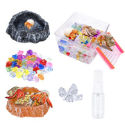 Hermit crab habitat accessories including volcanic rock pools, colorful gems, clear container