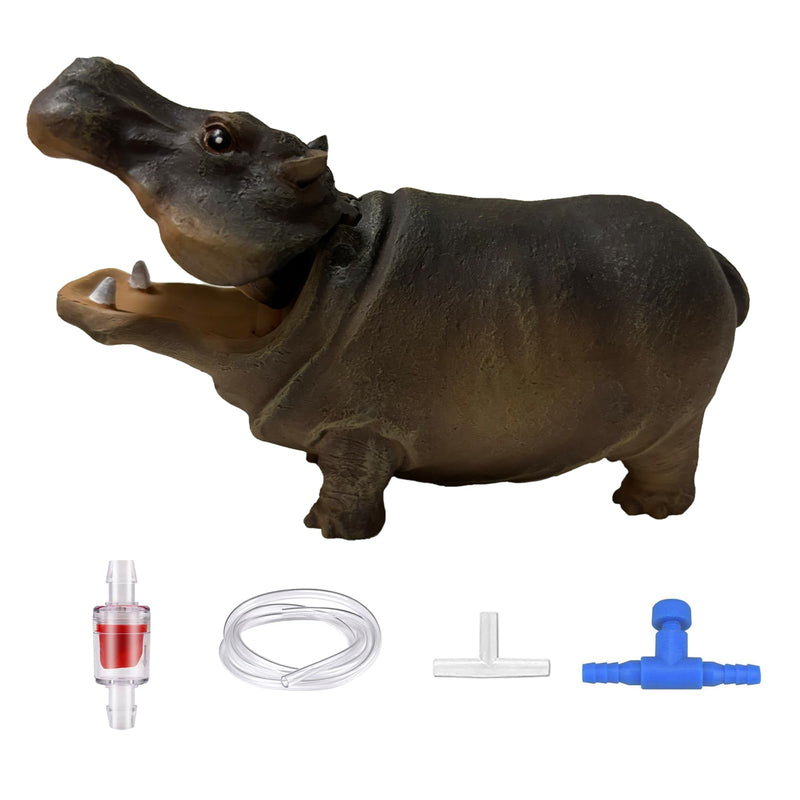 Brown hippo aquarium ornament with open mouth and white tubing accessories below