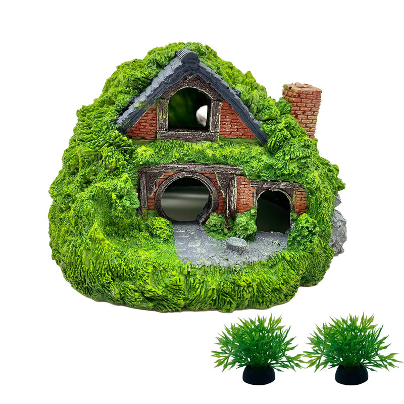 Green moss-covered hobbit house aquarium decoration with round doors and brick chimney