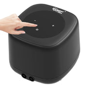 Hand touching the circular touch control panel on top of black Hygger aquarium air pump