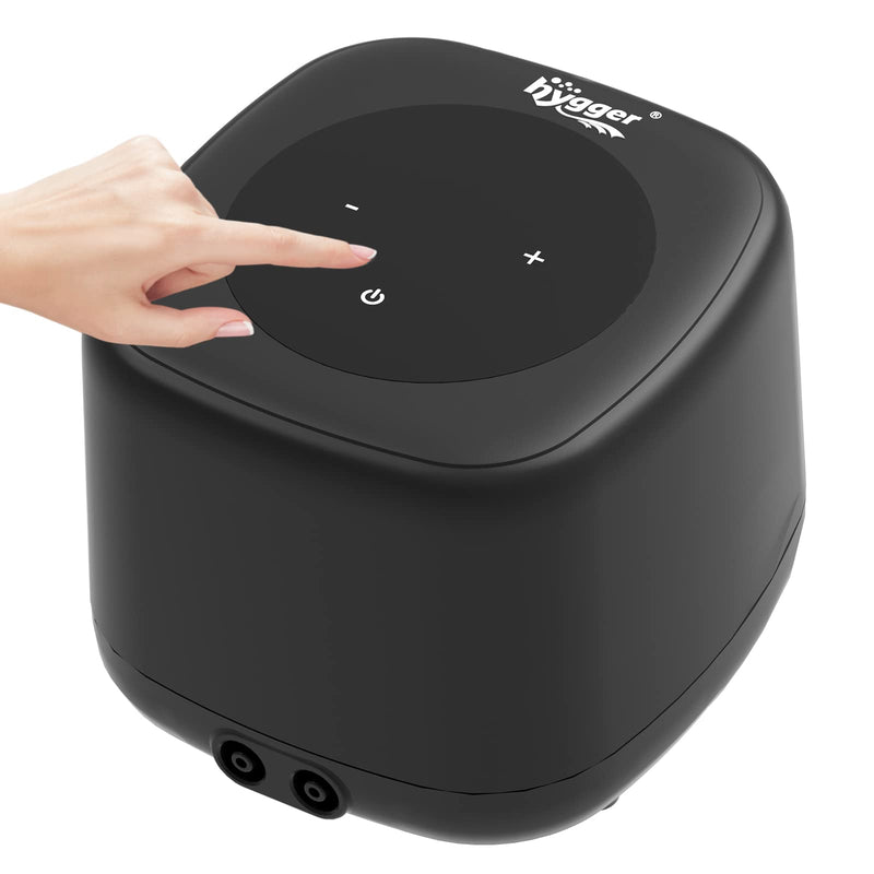 Hand touching the circular touch control panel on top of black Hygger aquarium air pump