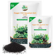 Two bags of Hygger CO2 aquarium soil in 6kg and 3kg sizes with black substrate pellets displayed