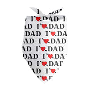 White pet bandana tied at top with repeated I love Dad text and red heart arrow pattern