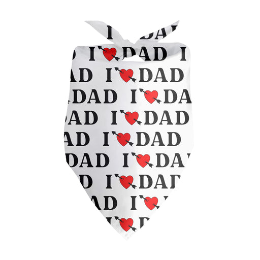 White triangular pet bandana with repeating I Love Dad text and red arrow heart pattern