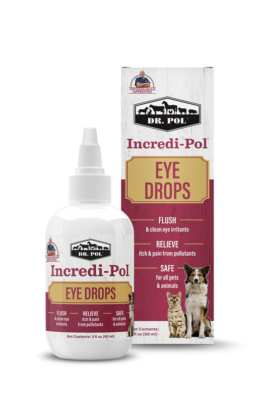 Dr. Pol Incredi-Pol eye drops bottle and packaging showing veterinarian approved pet care product