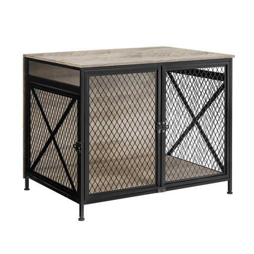 Industrial style dog crate with black metal frame, diamond mesh panels, and weathered wood top