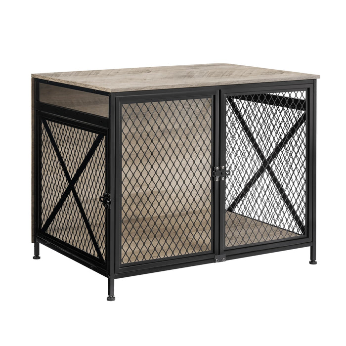 Industrial style dog crate with black metal frame, diamond mesh panels, and weathered wood top