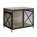 Industrial style dog crate with black metal frame, diamond mesh panels, and weathered wood top