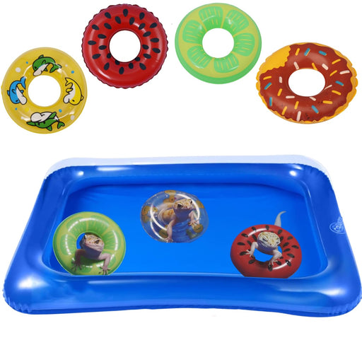 Four colorful inflatable pool floats and blue kiddie pool with three cartoon lizard characters