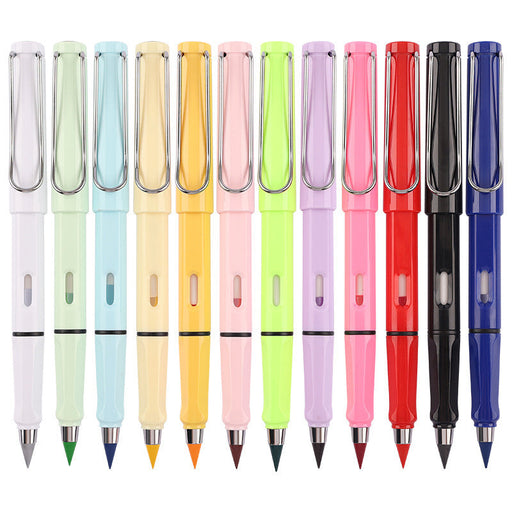 Set of 12 inkless eternal pencils in multiple colors with built-in erasers, no sharpening required for unlimited writing
