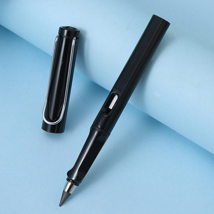 Close-up view of colorful inkless eternal pencils showing built-in eraser strips and durable barrel design
