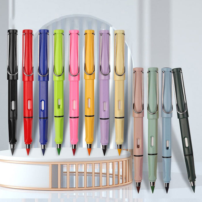 Full set of 12 inkless eternal pencils showing secure spiral pen head design and variety of colors
