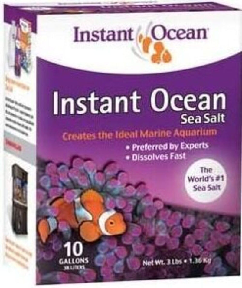 Purple Instant Ocean sea salt mix box with clownfish and coral illustration, 10 gallon size