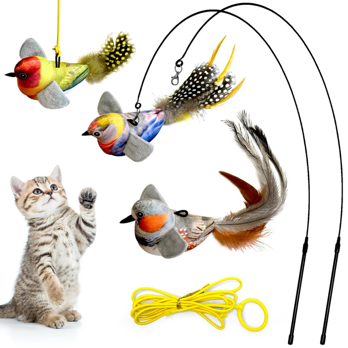 Interactive cat toy set with three colorful feathered birds on flexible wands and tabby kitten