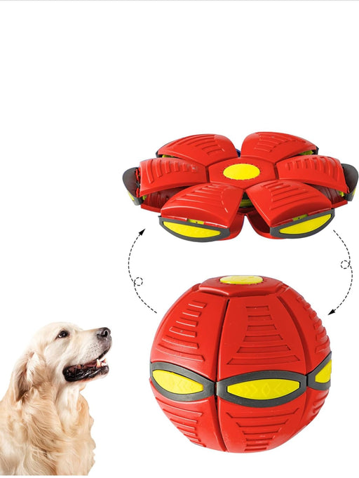 Red transforming dog ball toy shown in both sphere and flower configurations with golden retriever