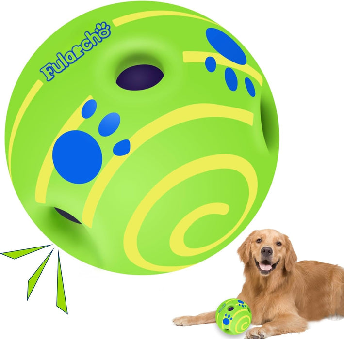 Green interactive dog ball with blue paw prints and holes, shown with golden retriever below