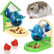 Interactive hamster foraging toys with blue transparent spheres dispensing food pellets onto