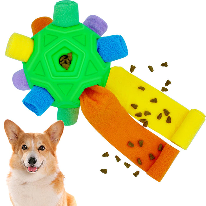 Colorful interactive dog snuffle ball with textured flaps dispensing kibble treats next to corgi