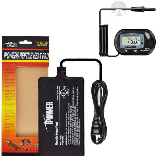 iPower reptile heat pad package with black heating unit and digital thermometer showing 79.0°F
