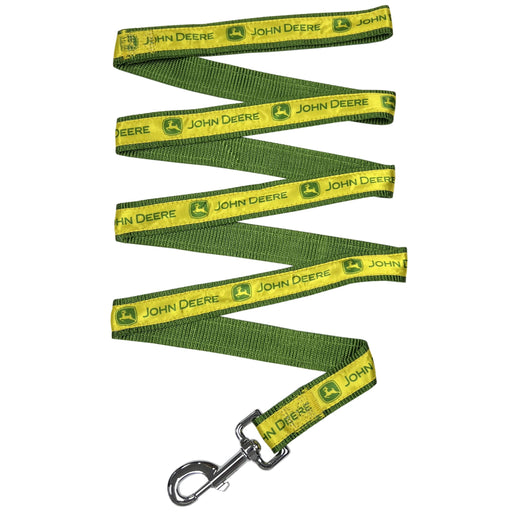 Green and yellow John Deere pet leash arranged in spiral pattern with metal clasp visible