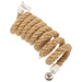 Spiral jute rope bird perch with white end caps and metal clips on white background