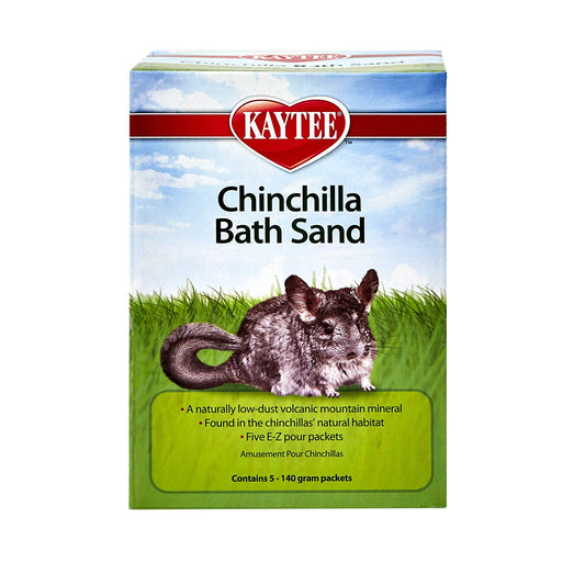 Kaytee chinchilla bath sand box with chinchilla image and green product details panel