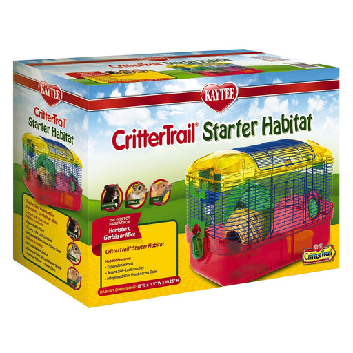Kaytee CritterTrail starter habitat box showing colorful hamster cage with yellow top and red base