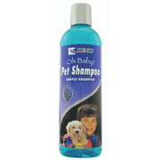 Blue bottle of Kenic Oh Baby Pet Shampoo with white cap showing boy holding puppy on label
