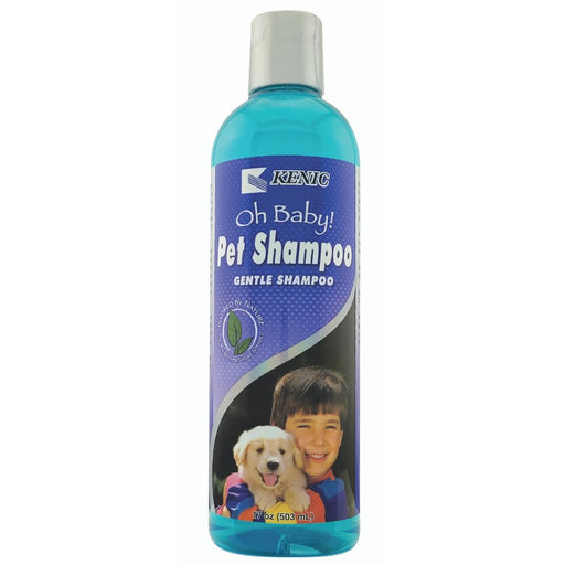 Blue bottle of Kenic Oh Baby Pet Shampoo with white cap showing boy holding puppy on label